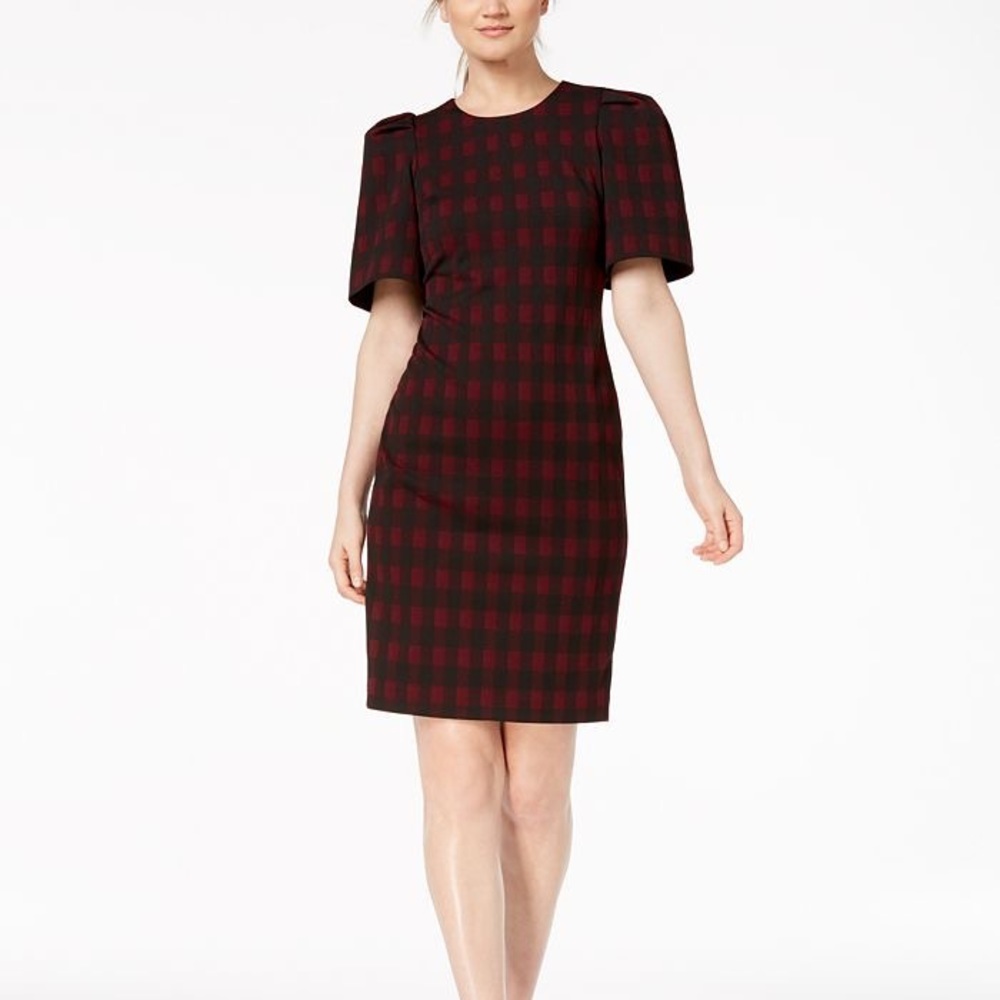 EUC Calvin Klein Short Checked Shift Dress with Oversized Puff Sleeves